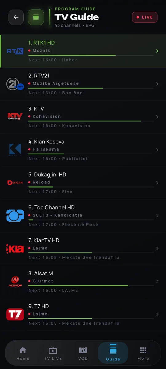 MAXTV TV guide with now & next for every channel