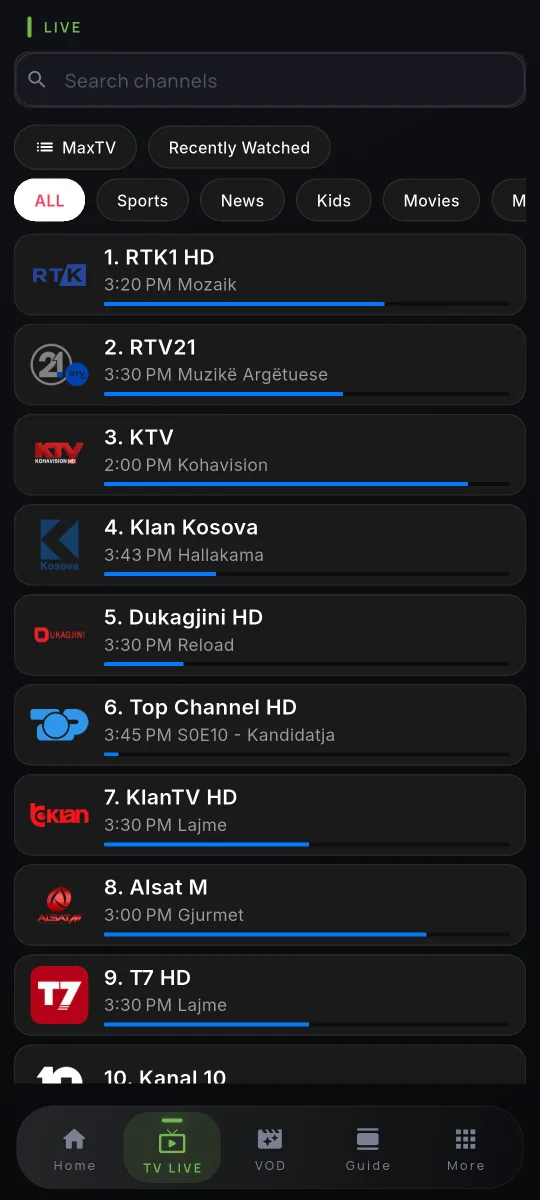 MAXTV live channel list on a phone